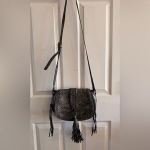Steve Madden Boho Fringe Crossbody Bag Woven Leather Tassel Gray